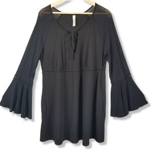 Cacique Swim Coverup 14/16 Black Mesh Flared Bell Sleeve Keyhole Tie Stretch